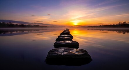 Sunrise or sunset over stones path through calm river