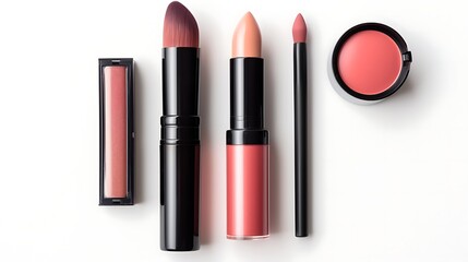 A stylish set of makeup essentials featuring a deep pink lipstick, a small blush brush, and a natural highlighter stick, placed symmetrically on a white background. Full frame .