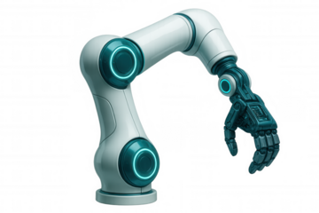 Robotic mechanical arm reaching forward, turquoise luminescent highlights radiating technological precision on translucent surface