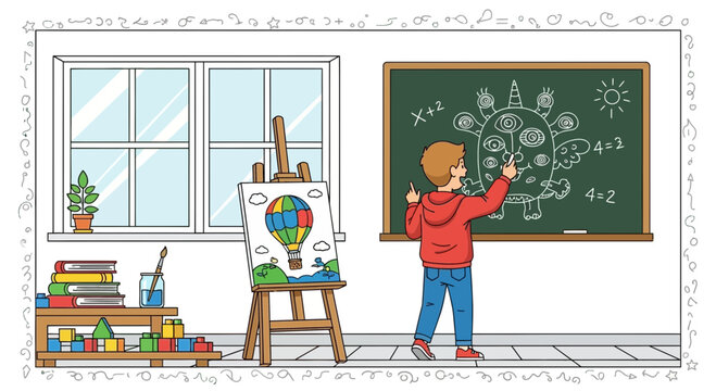 A Boy Drawing on a Chalkboard with an Easel and Painting Nearby creating a creative learning environment and school setting