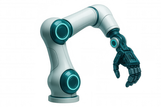 Robotic mechanical arm reaching forward, turquoise luminescent highlights radiating technological precision on translucent surface