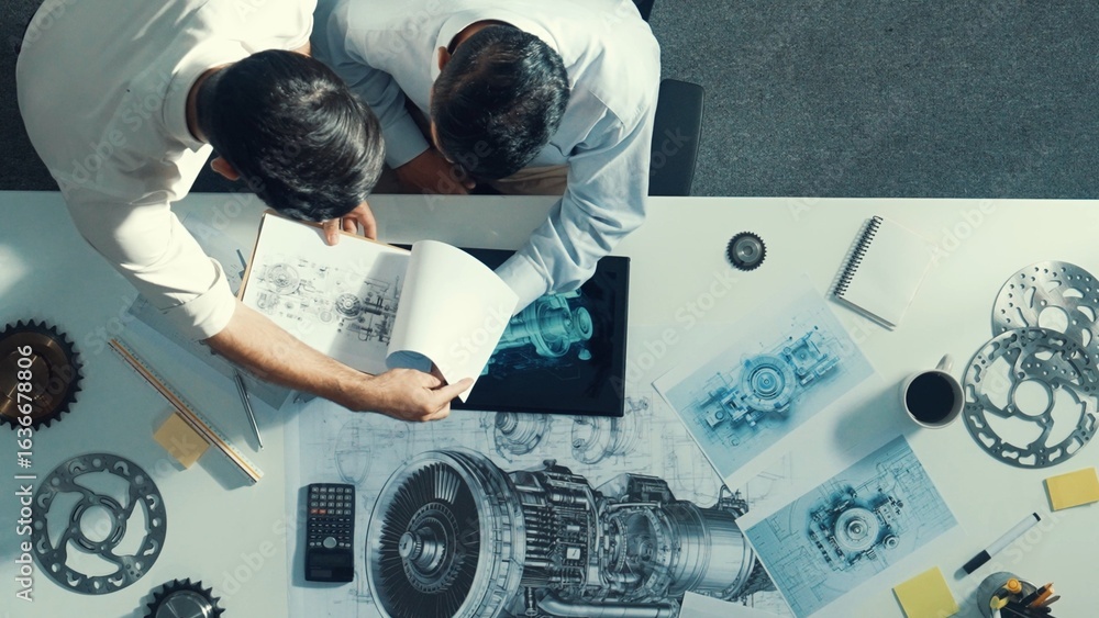 Poster top down aerial view of manager sitting while answer question about jet engine. professional enginee