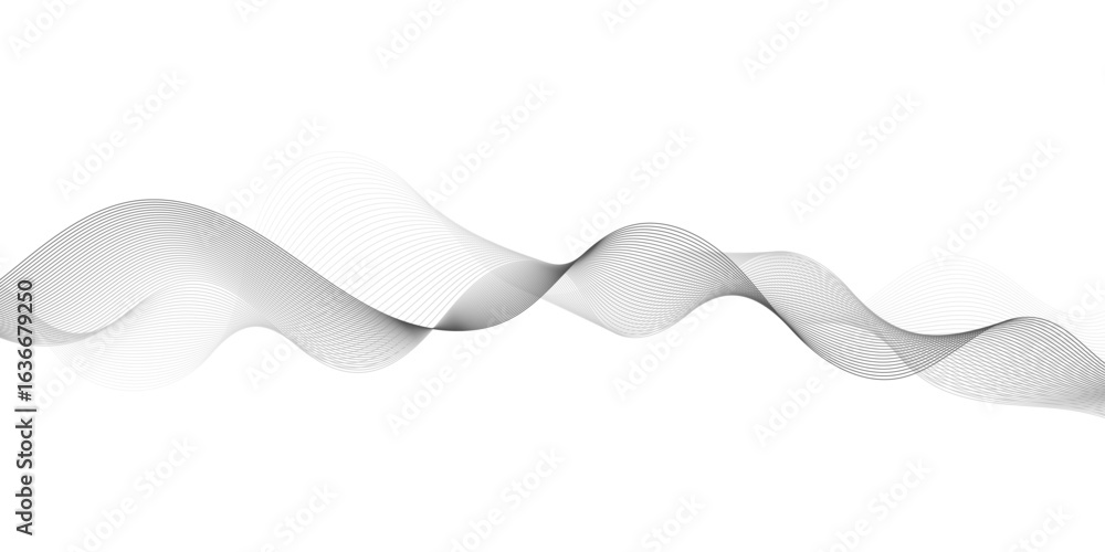 Poster futuristic sound wave pattern: abstract modern grey wave lines on a white background, creating a sof