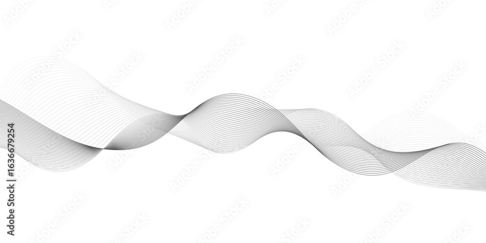 Poster futuristic sound wave pattern: abstract modern grey wave lines on a white background, creating a sof