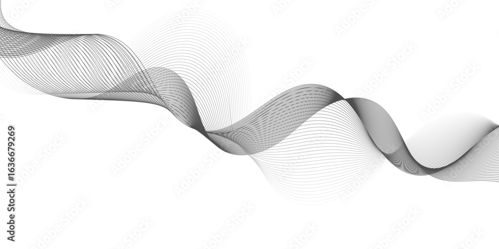 Poster futuristic sound wave pattern: abstract modern grey wave lines on a white background, creating a sof