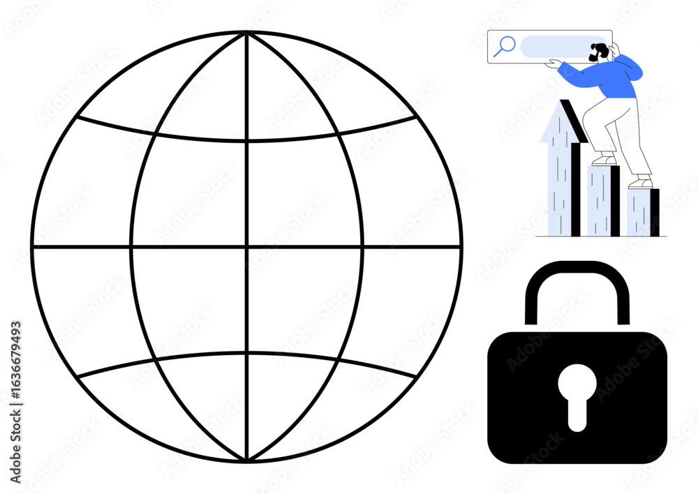 Poster globe representing internet connectivity, user interacting with search bar on bar graph, and lock se