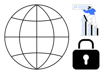 Globe representing internet connectivity, user interacting with search bar on bar graph, and lock securing data. Ideal for cybersecurity, privacy, technology, global communication, information