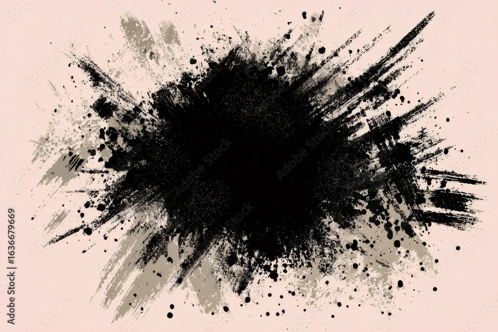 Poster black ink dynamically bursting, splattering across soft pink surface, generating fluid abstract text