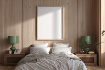 Modern bedroom interior with blank framed poster
