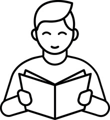 Black and White Line Art of Smiling Person Reading Open Book