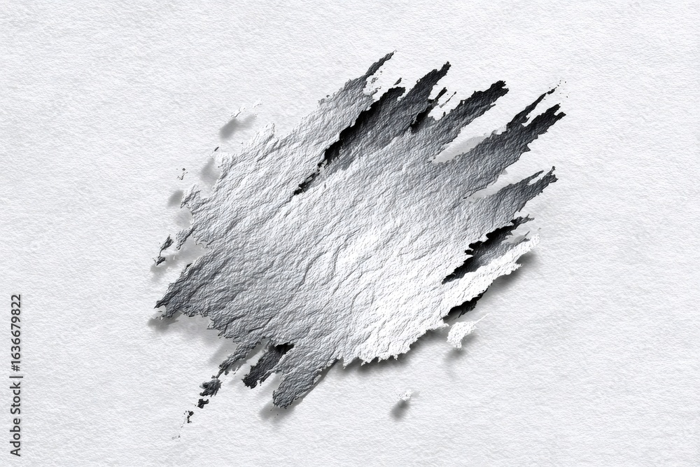 Poster metallic silver paint is splashing on a white textured background, creating a dynamic and abstract c