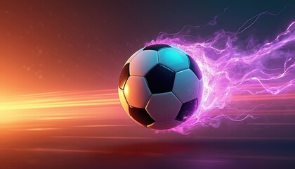 Soccer ball in motion with vibrant purple, green light trails. Dynamic movement, speed, energy, power conveyed. Abstract background with blurred streaks, glows. Perfect for sports, gaming, graphic