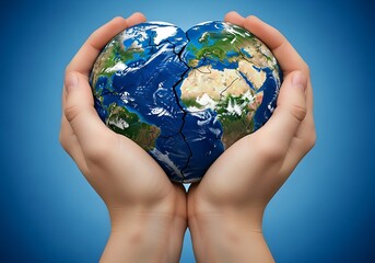 Hands gently cradle a heart shaped planet earth symbolizing global care and environmental protection