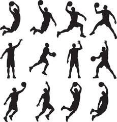 Bundle of Twelve Black Silhouette Basketball Players Performing Actions