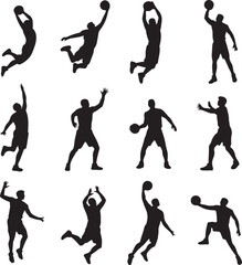 Bundle of Twelve Black Silhouette Basketball Players Performing Actions