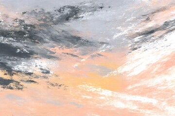 Soft pastel brush strokes blending gray, white, peach colors, generating abstract cloudy sky background for digital design projects