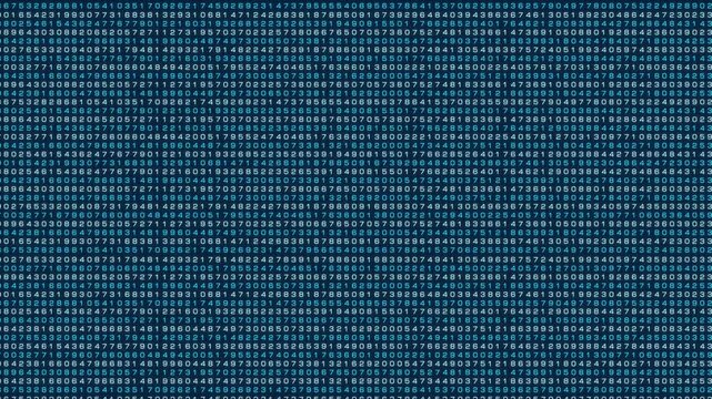 Digital number sequences from 0 to 9 run across the screen, data or machine code. Technology, electronic data processing, big data, system, computer data, analyzing. 3D animation