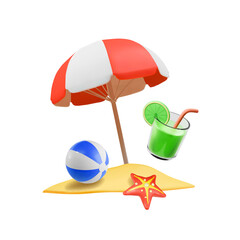 3d Vector Beach red Umbrella, summer cocktail and Ball, Summer holiday, Time to travel concept. Ocean vacation icon 3d