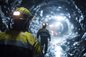 Underground mine with workers in reflective safety jackets, bright headlamps cutting through darkness, wet rocky walls