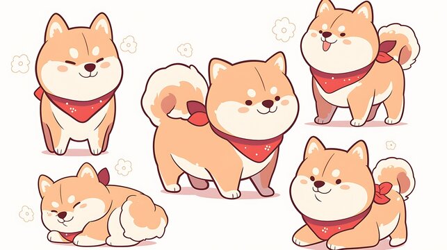 Naklejki Kawaii Shiba Inu dogs in various poses. Hand drawn sticker vector set