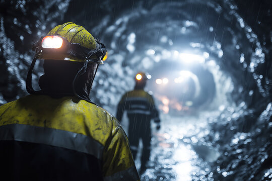 Underground mine with workers in reflective safety jackets, bright headlamps cutting through darkness, wet rocky walls