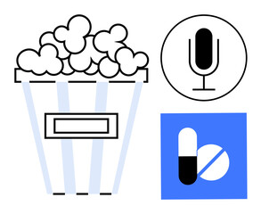Popcorn bucket, microphone, capsule on blue square. Ideal for entertainment, movies, podcasts, healthcare, wellness, media modern concepts simple landing page
