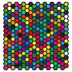 Colorful hexagon seamless pattern with black outlines. Bright honeycomb design with multicolor cells. Modern geometric background. EPS 10.