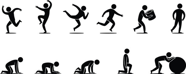 Stick figure poses, crawling, running, dancing, pushing, kneeling, movement, action, black, white, icon, silhouette, illustration, gesture, activity