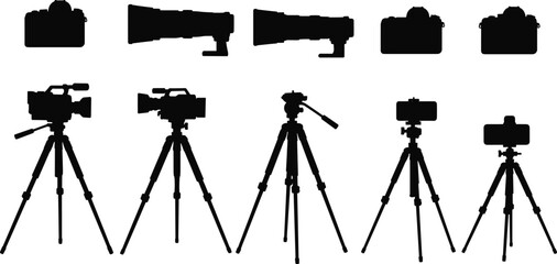 Camera and tripod silhouettes, photography gear vector, video equipment setup, long lens camera, compact tripod, black illustration, gear design