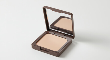 Minimalist Brown Makeup Powder Compact With Mirror on Clean White Backdrop for Beauty and Cosmetics Product Presentation, Mockup Purposes