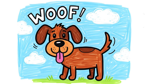 Happy cartoon dog saying woof with wagging tail outdoors - Powered by Adobe