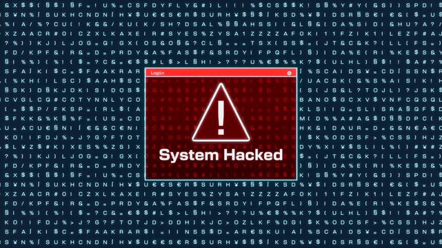 System hacked, system warning. Computer crime, antivirus software, system reboot, network security, protection, privacy. 3D animation
