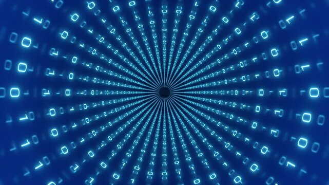 Binary code flowing through a tube or cable. Technology, data transmission, computer language, data exchange, Internet, blockchain, communication. 3D animation