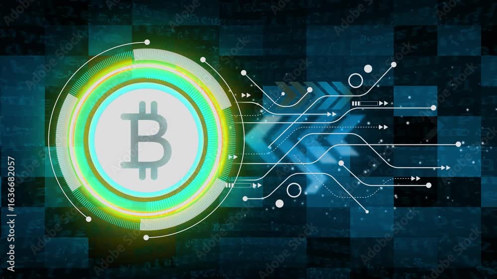 Poster bit coin stable coin currency business and digital money hologram symbol appears on a digital backgr