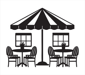 Outdoor Cafe Silhouette Illustration with Tables Chairs and Umbrella in Minimalist Style Creating an Inviting Scene for Diners