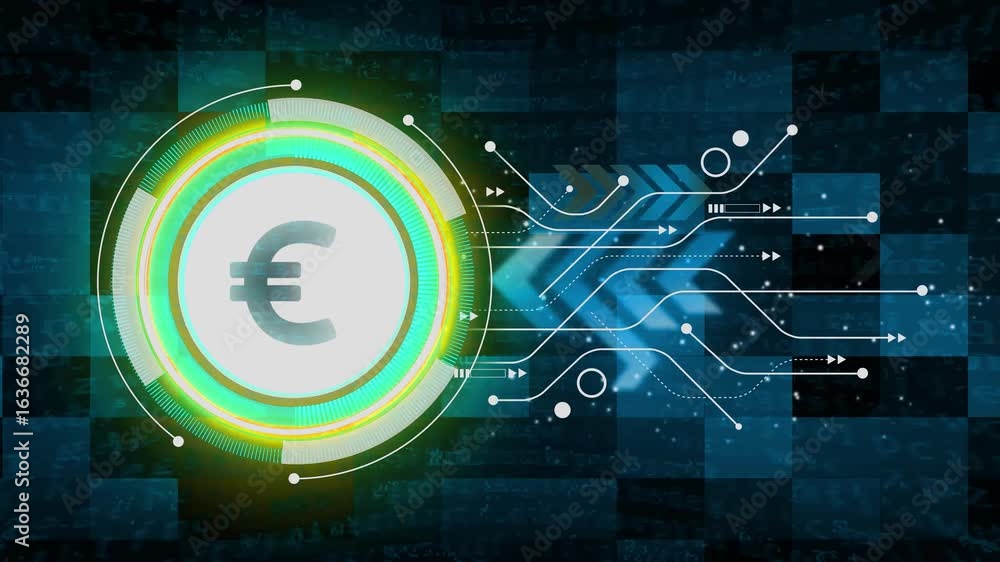 Poster euro stable coin currency business and digital money hologram symbol appears on a digital background