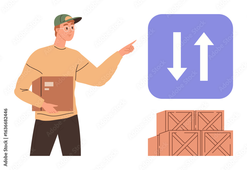 Poster male delivery worker holding a box, pointing to a direction icon with up and down arrows near stacke