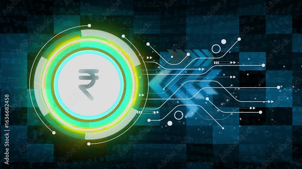 Poster rupee-symbol stable coin currency business and digital money hologram symbol appears on a digital ba