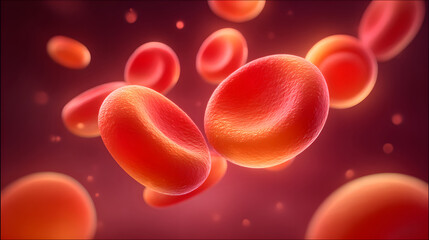 Microscopic view of blood cells in warm red tones