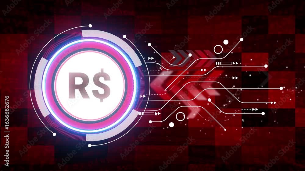 Poster brazilian-real stable coin currency business and digital money hologram symbol appears on a digital 