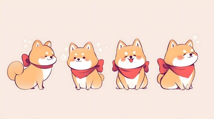 Naklejka premium Kawaii Shiba Inu dogs in various poses. Hand drawn sticker vector set