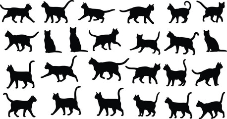 Cat silhouette grid, walking, sitting, stretching, standing poses, black vector illustration, feline movement, animal posture, pet design, artistic reference