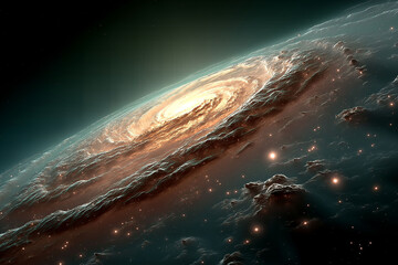 Fototapeta premium Galactic vista: An artistic rendering of a spiral galaxy, showcasing swirling arms, bright cores, and celestial bodies.