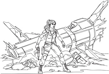 Adventurous woman surviving a spaceship crash in a desolate envi