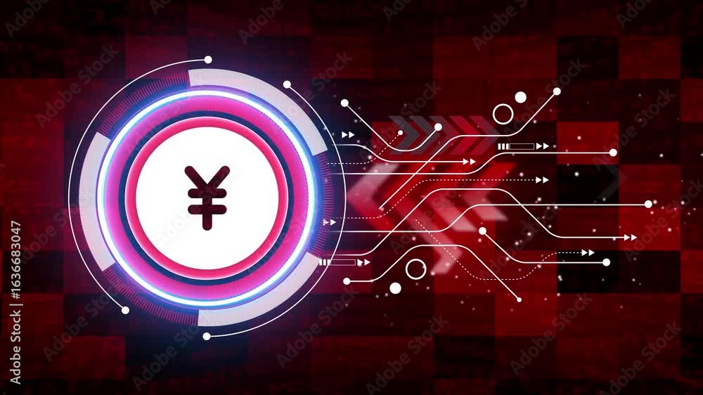 Poster yuan stable coin currency business and digital money hologram symbol appears on a digital background