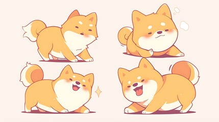 Kawaii Shiba Inu dogs in various poses. Hand drawn sticker vector set