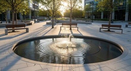 Urban plaza with fountain and benches