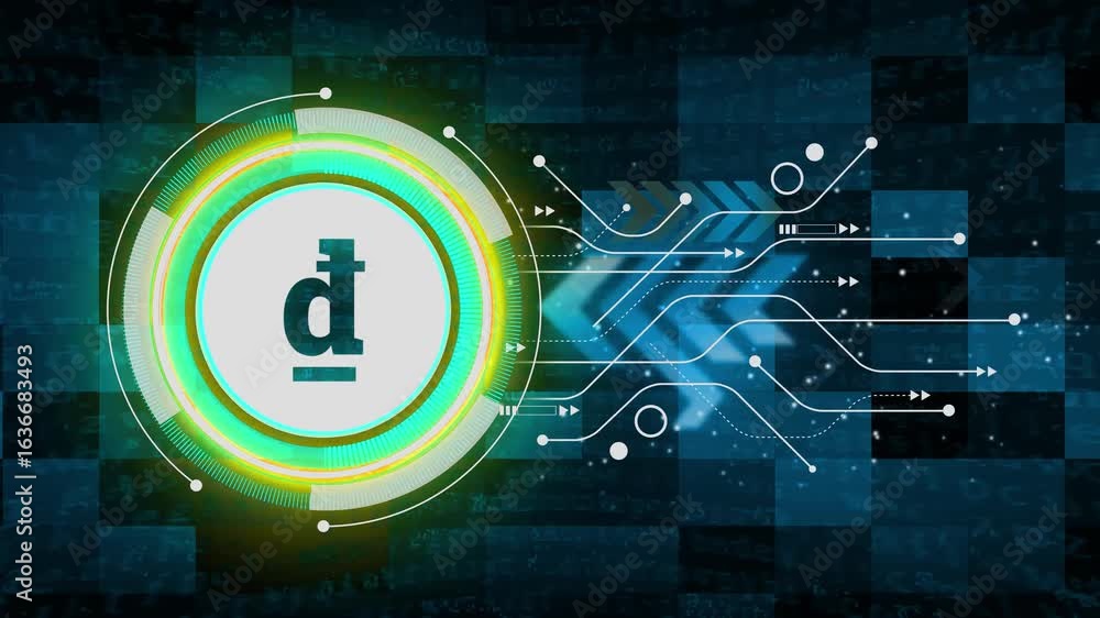 Poster dong-sign stable coin currency business and digital money hologram symbol appears on a digital backg
