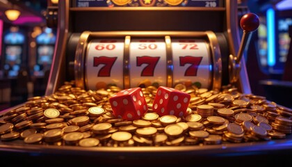 A casino slot machine displays a winning combination, surrounded by gold coins and dice.