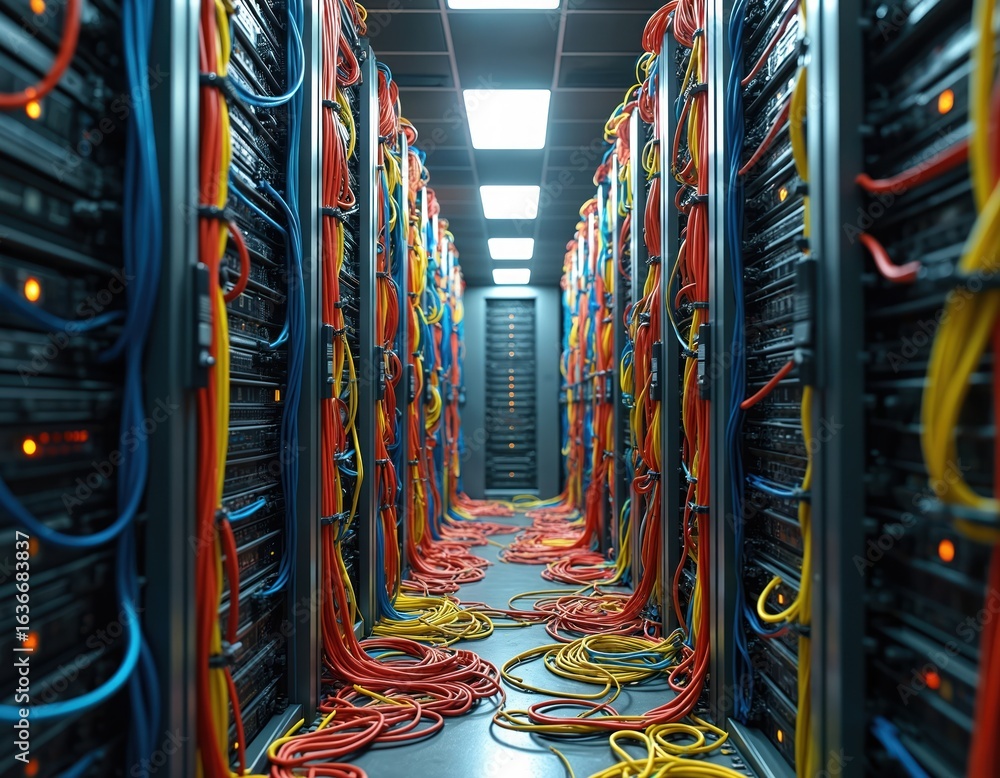 Poster server room filled with rows of computer racks and a chaotic network of colorful cables. tangled wir